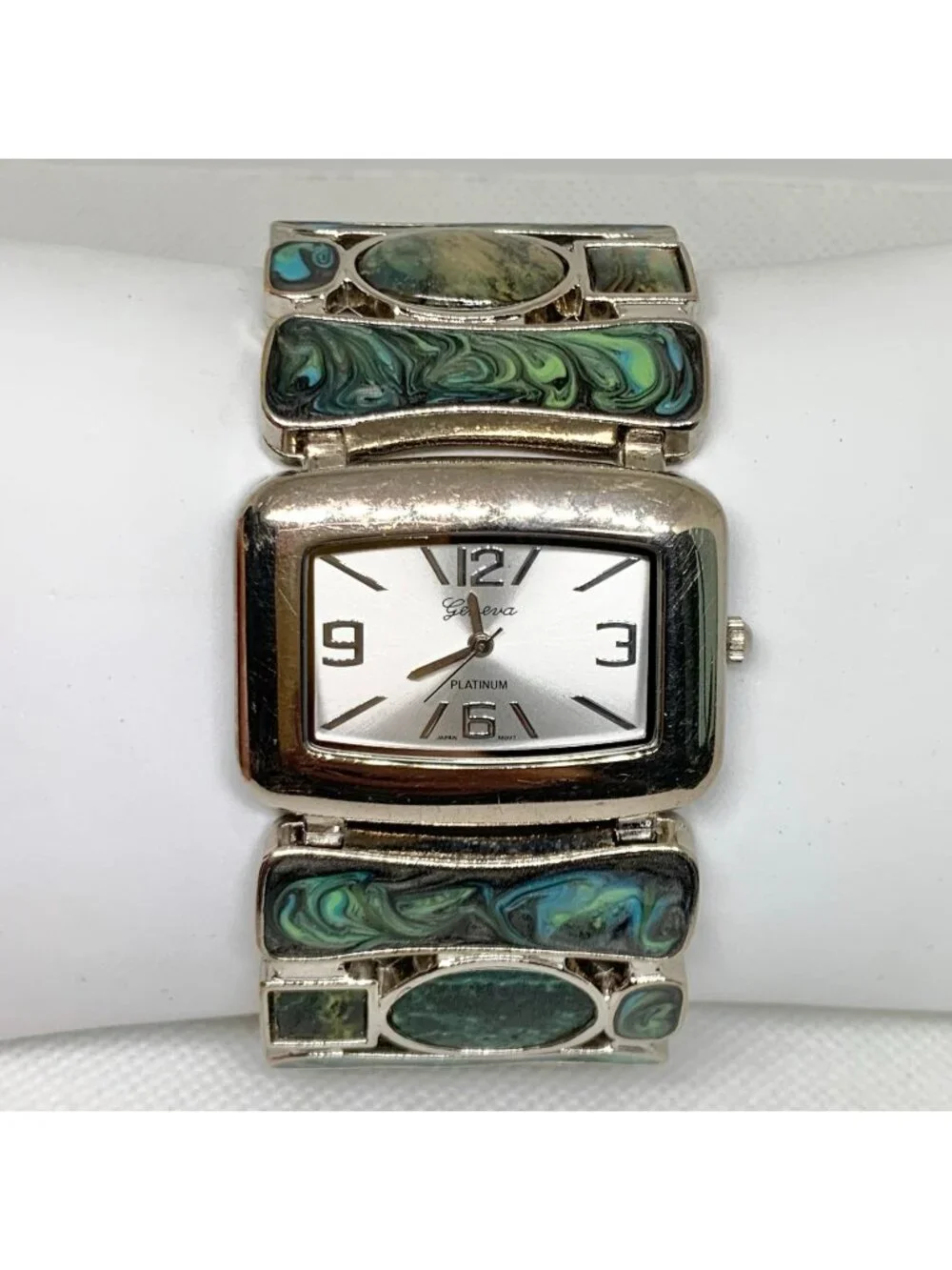 Geneva platinum women’s watch abalone silver tone wide bracelet 40mm running